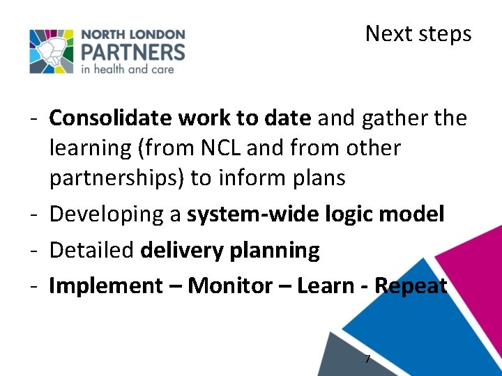 Next steps - Consolidate work to date and gather the learning (from NCL and