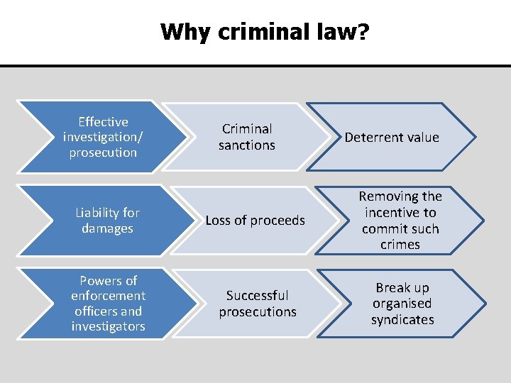 Why criminal law? Effective investigation/ prosecution Criminal sanctions Deterrent value Liability for damages Loss