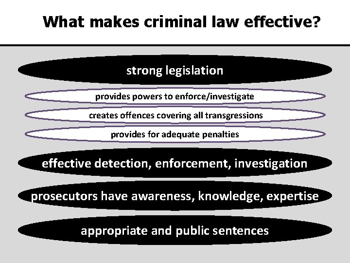 What makes criminal law effective? strong legislation provides powers to enforce/investigate creates offences covering