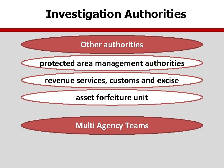 Investigation Authorities Other authorities protected area management authorities revenue services, customs and excise asset