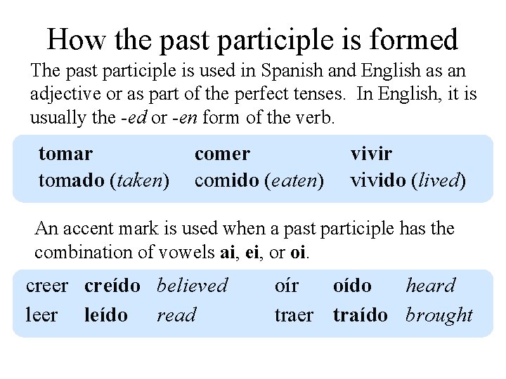 How the past participle is formed The past participle is used in Spanish and