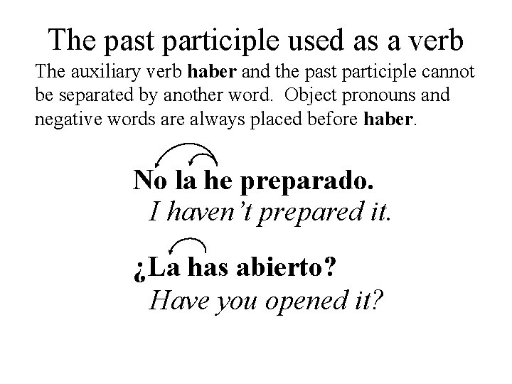 The past participle used as a verb The auxiliary verb haber and the past