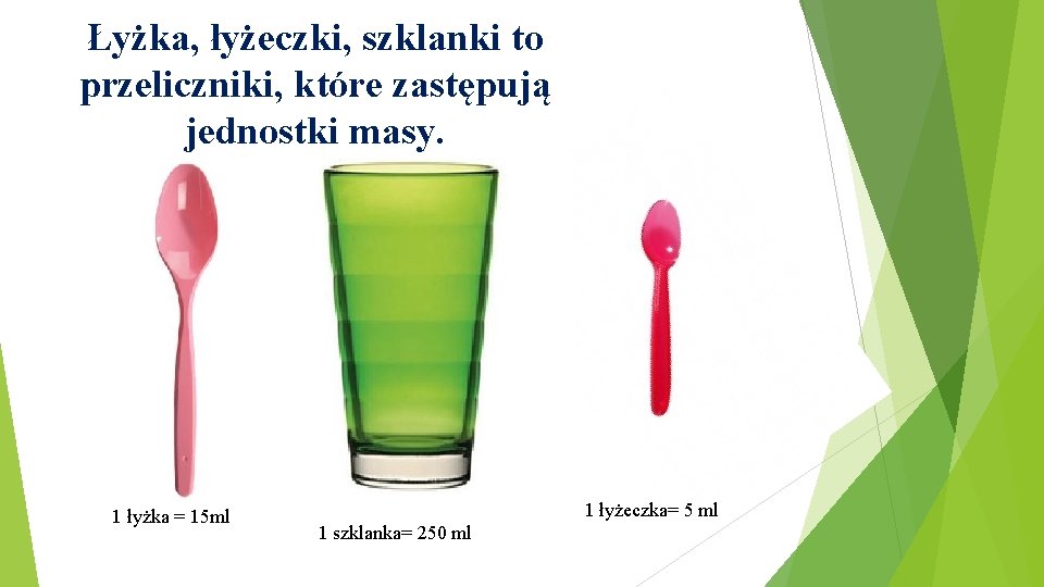 Łyżka, łyżeczki, szklanki to przeliczniki, które zastępują jednostki masy. 1 łyżka = 15 ml