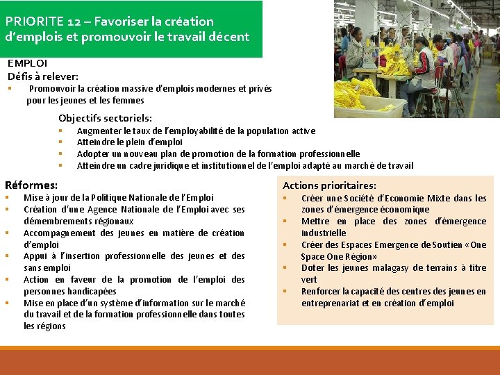 PRIORITE 12 – Favoriser la création d’emplois et promouvoir le travail décent EMPLOI Défis