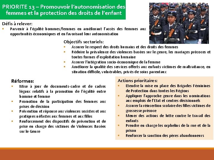 PRIORITE 13 – Promouvoir l’autonomisation des femmes et la protection des droits de l’enfant