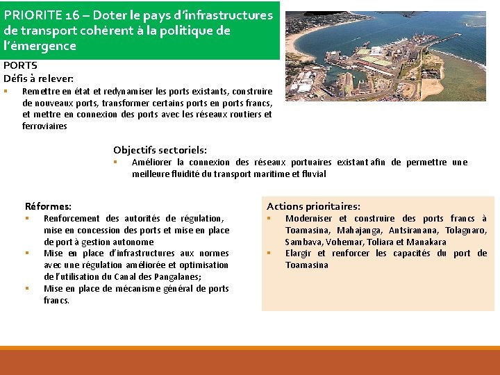 PRIORITE 16 – Doter le pays d’infrastructures de transport cohérent à la politique de