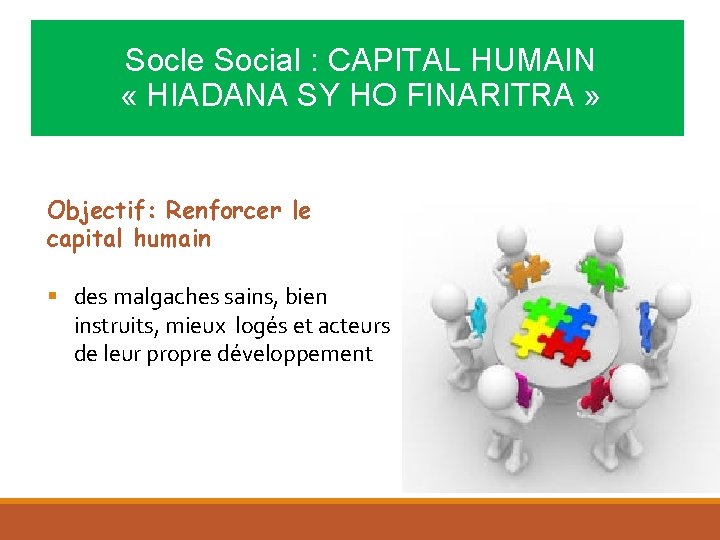 Socle Social : CAPITAL HUMAIN « HIADANA SY HO FINARITRA » Objectif: Renforcer le