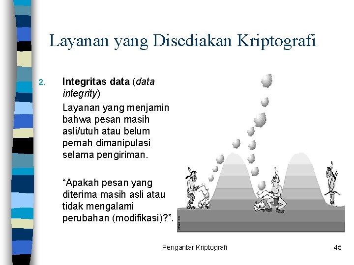 Layanan yang Disediakan Kriptografi 2. Integritas data (data integrity) Layanan yang menjamin bahwa pesan