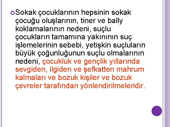  Sokak çocuklarının hepsinin sokak çocuğu oluşlarının, tiner ve bally koklamalarının nedeni, suçlu çocukların