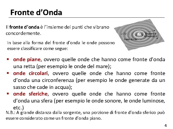 Fronte d’Onda Il fronte d’onda è l’insieme dei punti che vibrano concordemente. In base