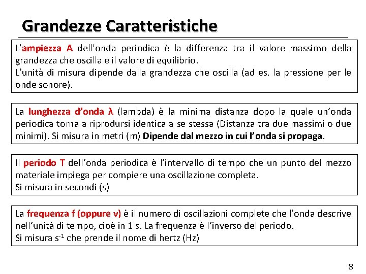 Grandezze Caratteristiche L’ampiezza A dell’onda periodica è la differenza tra il valore massimo della