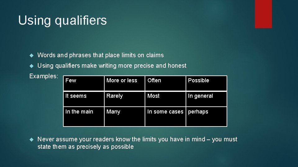 Using qualifiers Words and phrases that place limits on claims Using qualifiers make writing Using qualifiers Words and phrases that place limits on claims Using qualifiers make writing