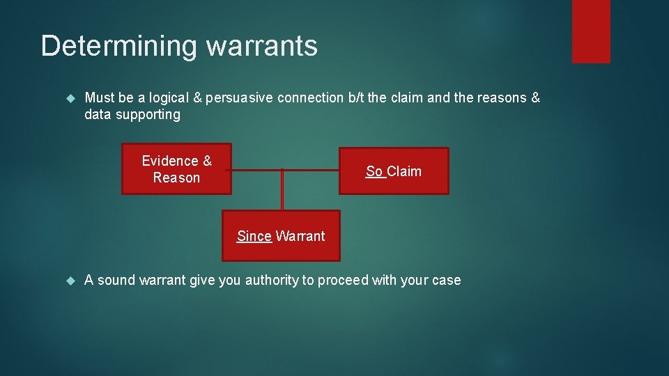 Determining warrants Must be a logical & persuasive connection b/t the claim and the Determining warrants Must be a logical & persuasive connection b/t the claim and the