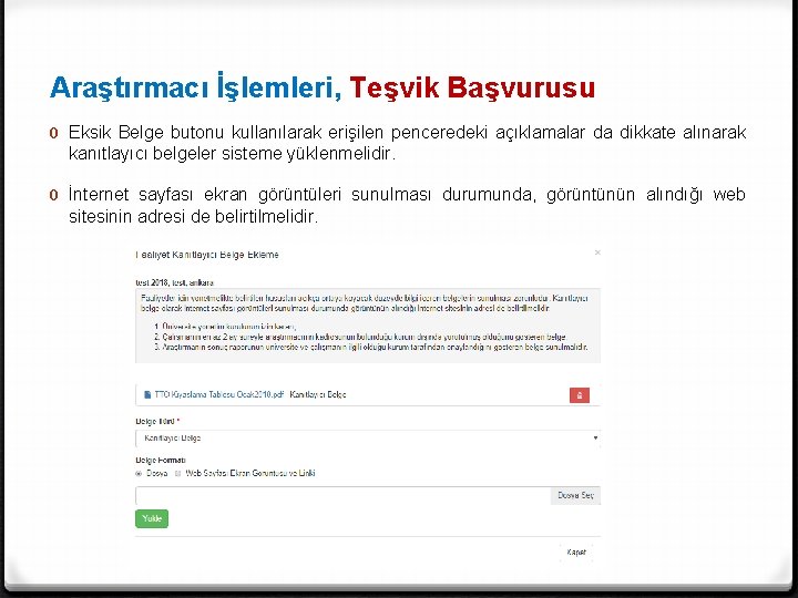 Araştırmacı İşlemleri, Teşvik Başvurusu 0 Eksik Belge butonu kullanılarak erişilen penceredeki açıklamalar da dikkate