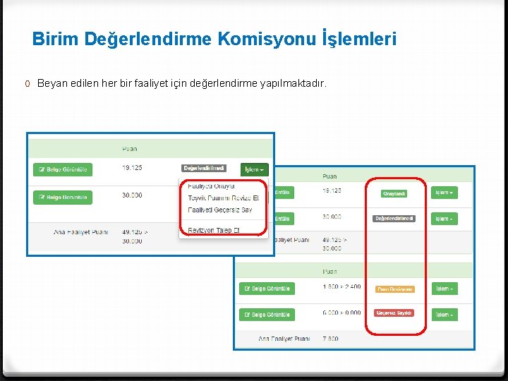 Birim Değerlendirme Komisyonu İşlemleri 0 Beyan edilen her bir faaliyet için değerlendirme yapılmaktadır. 