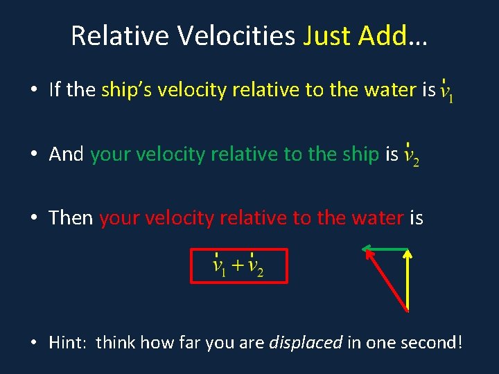 Relative Velocities Just Add… • If the ship’s velocity relative to the water is