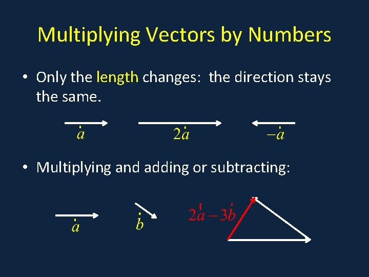 Multiplying Vectors by Numbers • Only the length changes: the direction stays the same.