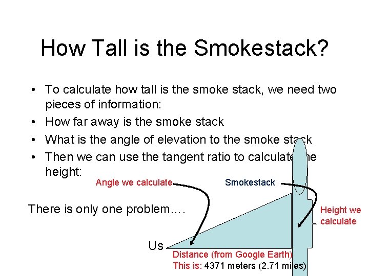 How Tall is the Smokestack? • To calculate how tall is the smoke stack,