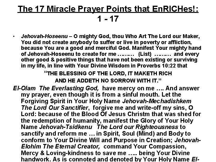 The 17 Miracle Prayer Points that En. RICHes!: 1 - 17 • Jehovah-Hoseenu –