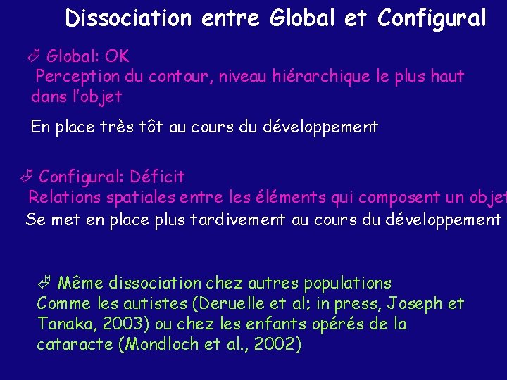 Dissociation entre Global et Configural Global: OK Perception du contour, niveau hiérarchique le plus