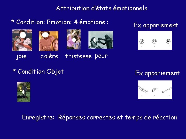 Attribution d’états émotionnels * Condition: Emotion: 4 émotions : joie colère * Condition Objet