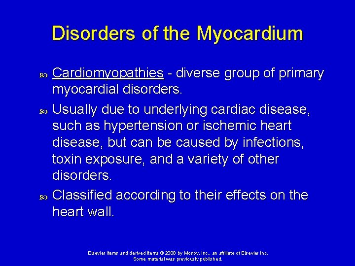 Disorders of the Myocardium Cardiomyopathies - diverse group of primary myocardial disorders. Usually due Disorders of the Myocardium Cardiomyopathies - diverse group of primary myocardial disorders. Usually due