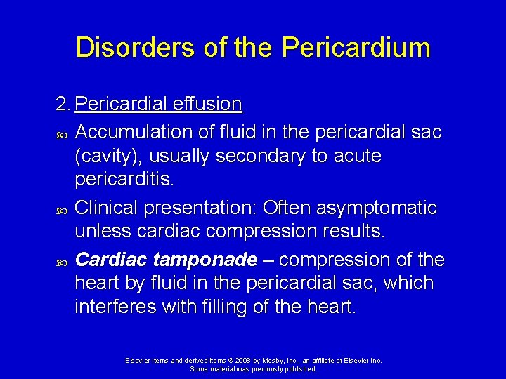 Disorders of the Pericardium 2. Pericardial effusion Accumulation of fluid in the pericardial sac Disorders of the Pericardium 2. Pericardial effusion Accumulation of fluid in the pericardial sac