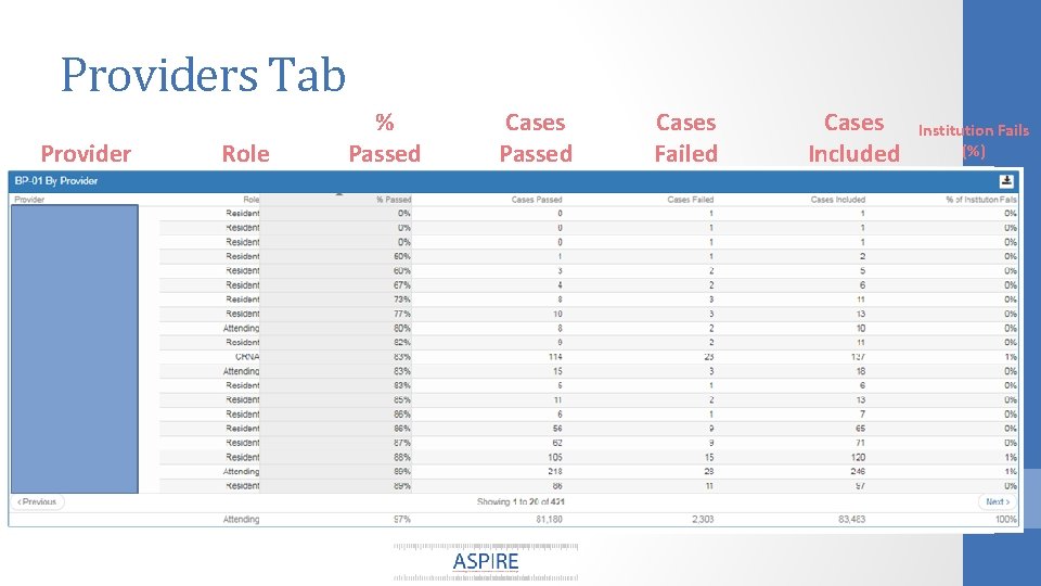 Providers Tab Provider Role % Passed Cases Failed Cases Included Institution Fails (%) 