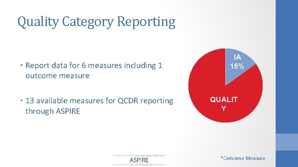 Quality Category Reporting • Report data for 6 measures including 1 outcome measure •