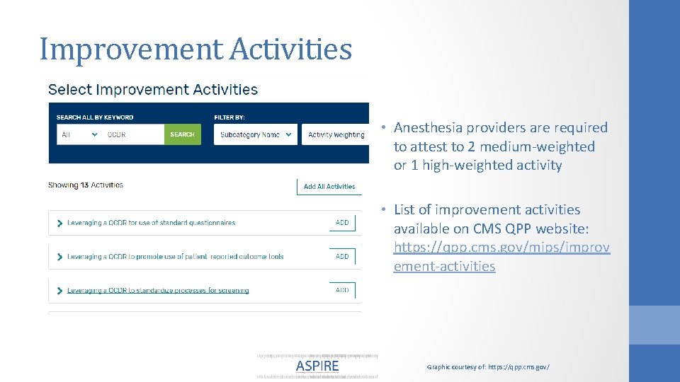 Improvement Activities • Anesthesia providers are required to attest to 2 medium-weighted or 1