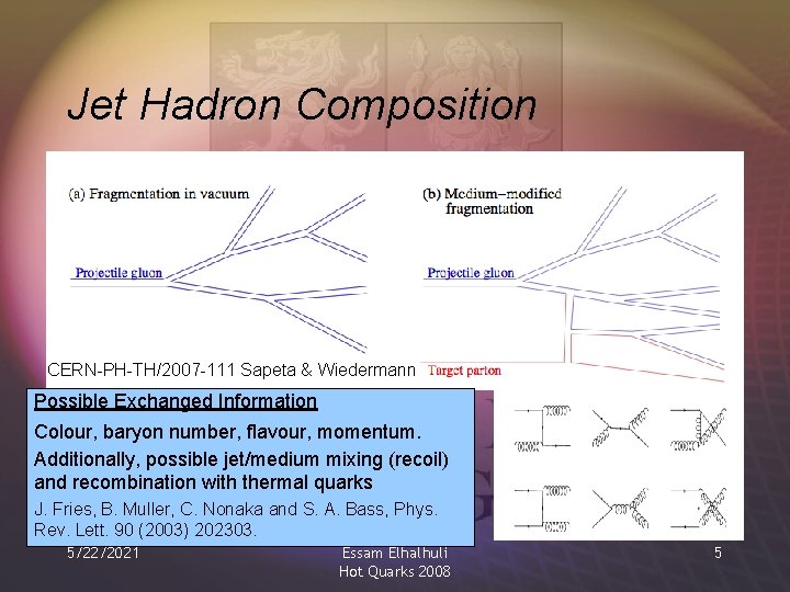 Jet Hadron Composition CERN-PH-TH/2007 -111 Sapeta & Wiedermann Possible Exchanged Information Colour, baryon number,