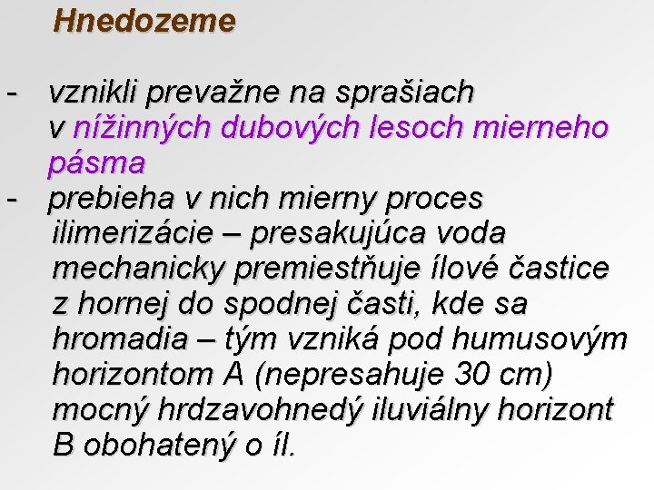 Hnedozeme - vznikli prevažne na sprašiach v nížinných dubových lesoch mierneho pásma - prebieha