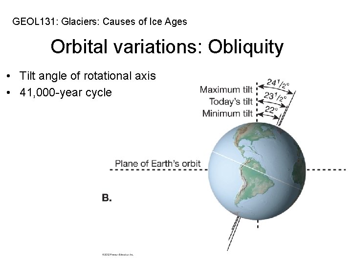 GEOL 131: Glaciers: Causes of Ice Ages Orbital variations: Obliquity • Tilt angle of