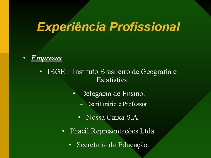 Experiência Profissional • Empresas • IBGE – Instituto Brasileiro de Geografia e Estatística. •
