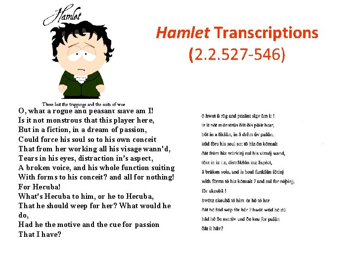 Hamlet Transcriptions (2. 2. 527 -546) O, what a rogue and peasant slave am