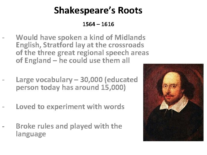 Shakespeare’s Roots 1564 – 1616 - Would have spoken a kind of Midlands English,