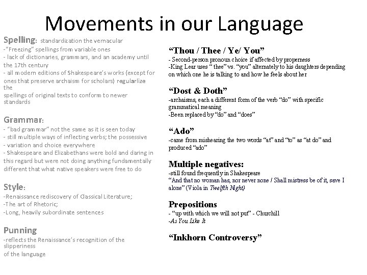 Spelling: Movements in our Language standardization the vernacular -“Freezing” spellings from variable ones -
