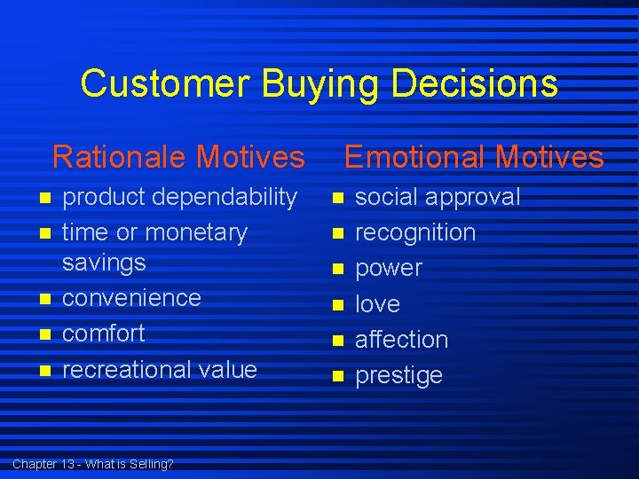 Customer Buying Decisions Rationale Motives n n n product dependability time or monetary savings