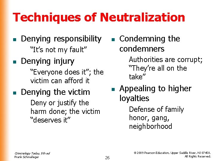 Techniques of Neutralization n Denying responsibility n “It’s not my fault” n Authorities are Techniques of Neutralization n Denying responsibility n “It’s not my fault” n Authorities are