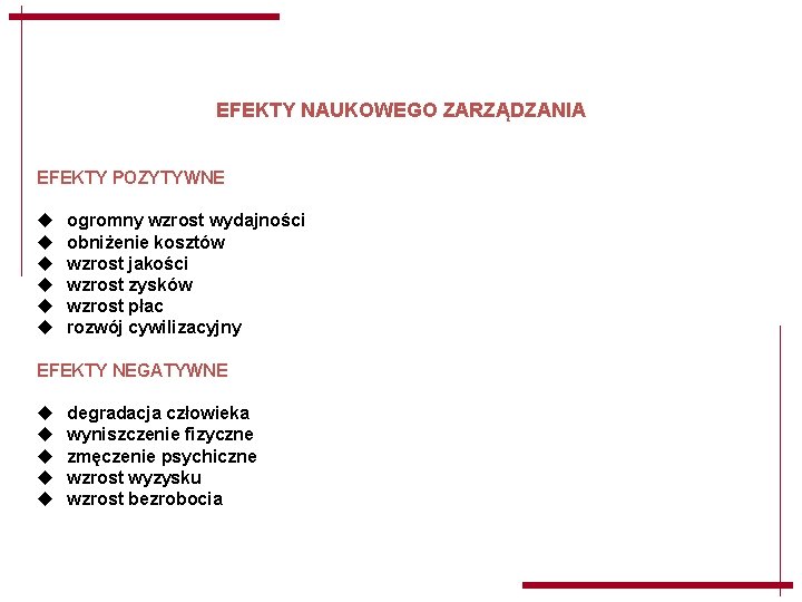EFEKTY NAUKOWEGO ZARZĄDZANIA EFEKTY POZYTYWNE u u u ogromny wzrost wydajności obniżenie kosztów wzrost EFEKTY NAUKOWEGO ZARZĄDZANIA EFEKTY POZYTYWNE u u u ogromny wzrost wydajności obniżenie kosztów wzrost