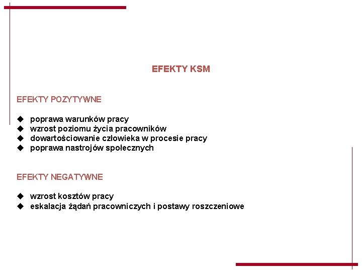 EFEKTY KSM EFEKTY POZYTYWNE u u poprawa warunków pracy wzrost poziomu życia pracowników dowartościowanie EFEKTY KSM EFEKTY POZYTYWNE u u poprawa warunków pracy wzrost poziomu życia pracowników dowartościowanie