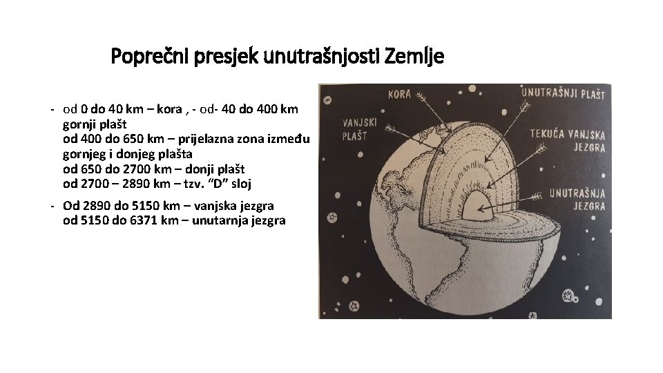 Poprečni presjek unutrašnjosti Zemlje - od 0 do 40 km – kora , -