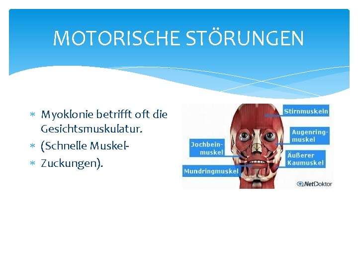 MOTORISCHE STÖRUNGEN Myoklonie betrifft oft die Gesichtsmuskulatur. (Schnelle Muskel Zuckungen). MOTORISCHE STÖRUNGEN Myoklonie betrifft oft die Gesichtsmuskulatur. (Schnelle Muskel Zuckungen).