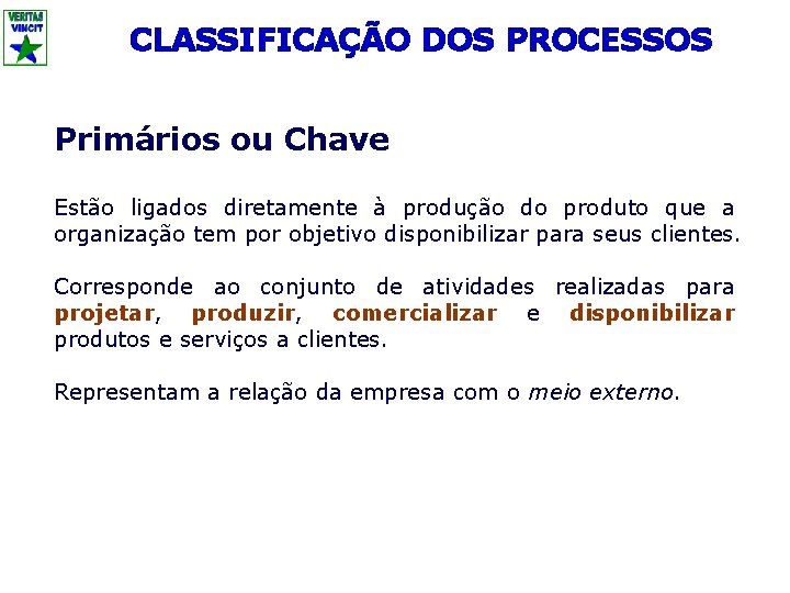 CLASSIFICAÇÃO DOS PROCESSOS Primários ou Chave Estão ligados diretamente à produção do produto que