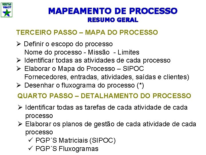 MAPEAMENTO DE PROCESSO RESUMO GERAL TERCEIRO PASSO – MAPA DO PROCESSO Ø Definir o