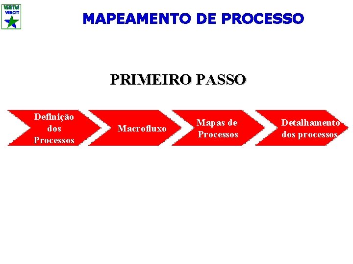 MAPEAMENTO DE PROCESSO PRIMEIRO PASSO Definição dos Processos Macrofluxo Mapas de Processos Detalhamento dos