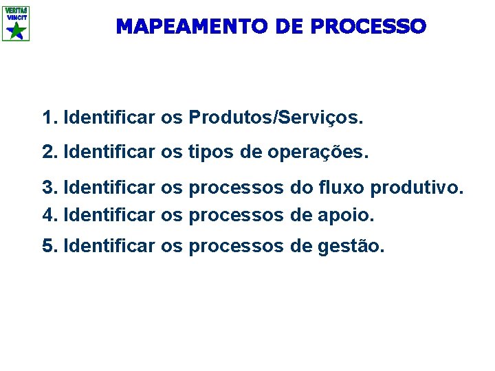 MAPEAMENTO DE PROCESSO 1. Identificar os Produtos/Serviços. 2. Identificar os tipos de operações. 3.