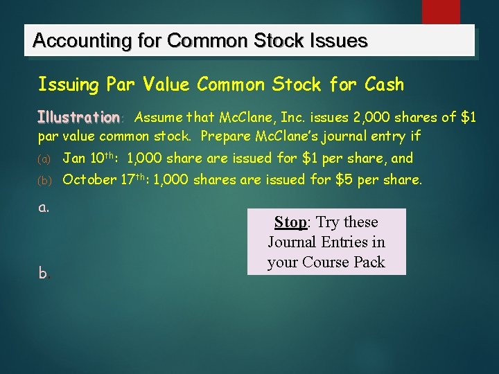 Accounting for Common Stock Issues Issuing Par Value Common Stock for Cash Illustration: Assume