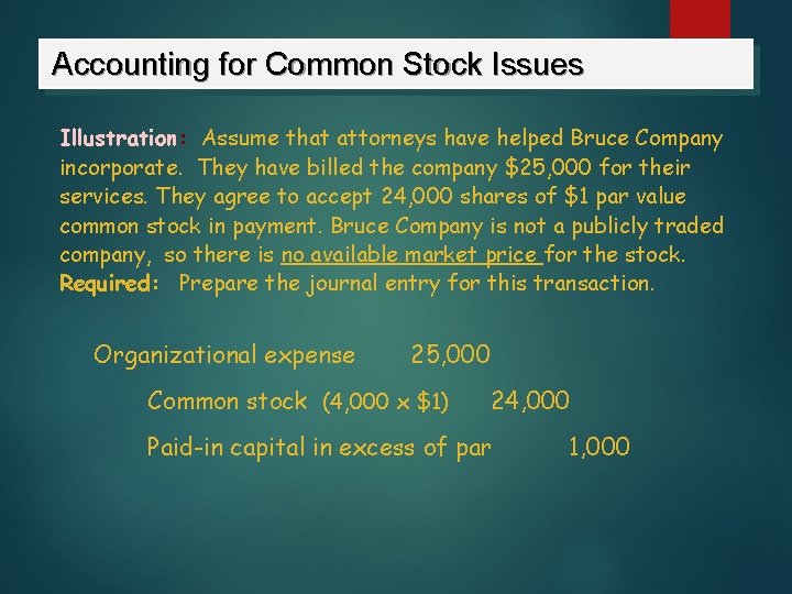 Accounting for Common Stock Issues Illustration: Assume that attorneys have helped Bruce Company incorporate.