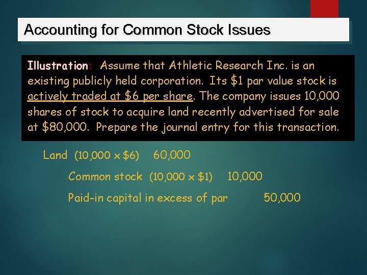 Accounting for Common Stock Issues Illustration: Assume that Athletic Research Inc. is an existing